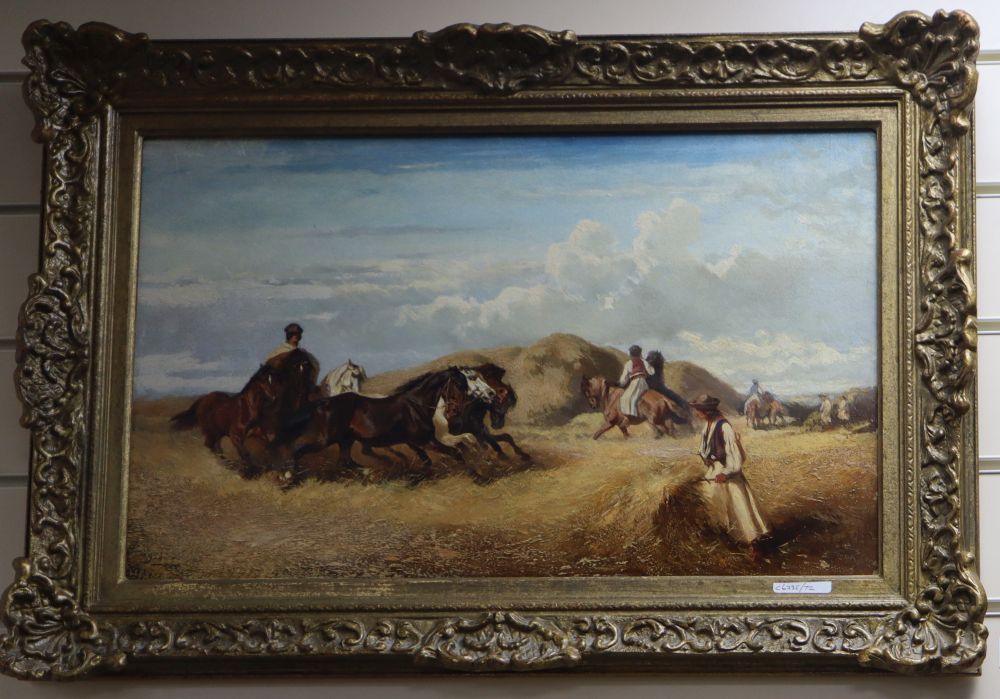 Attributed to Carl Max Gerlach Quaedvlieg (Dutch, 1823-1874), oil on panel, Interrupted Harvest, 32 x 52cm